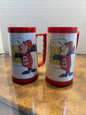 Budweiser Spuds Bud Man Beer Thermo-Serv Plastic Mug Steins 16oz 70s LOT Pair